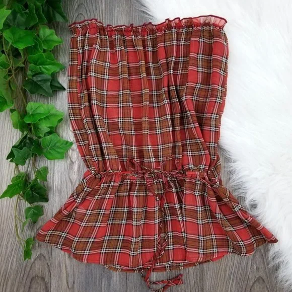 Papaya Plaid Strapless Peplum Top - Picture 5 of 8